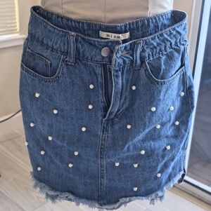 pearl-embellished blue denim skirt